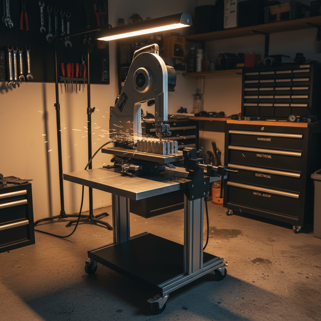Compact bandsaw station cutting metal tabs in a well-lit garage workshop.