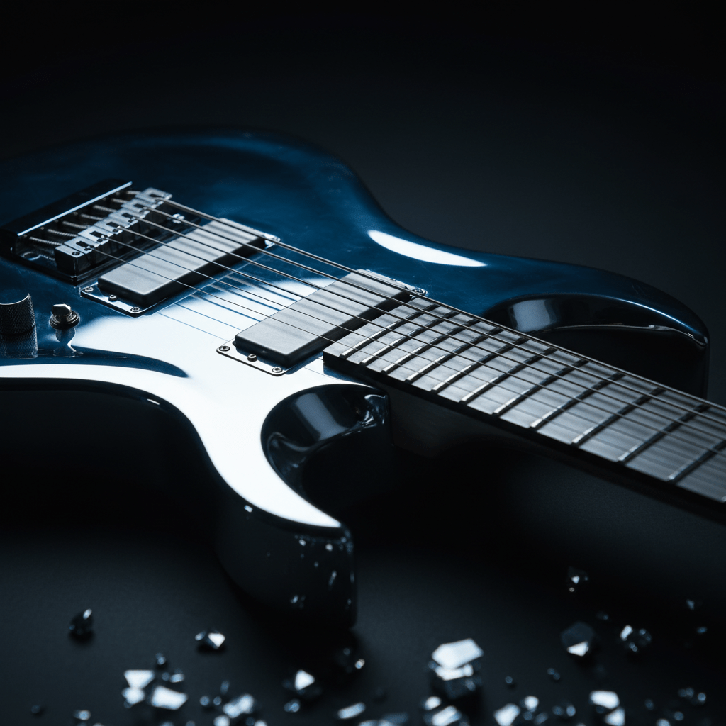 Futuristic aluminum-neck baritone guitar with mirror-like finish and smooth curves.