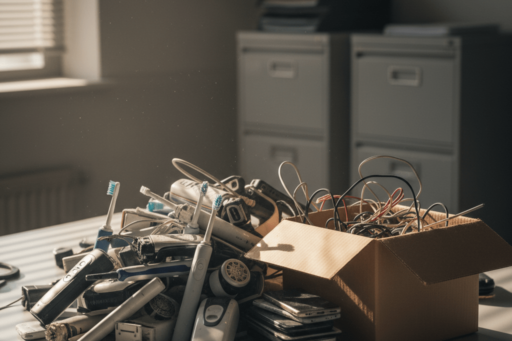 Office desk piled with returned electronics and boxes under natural light highlighting waste management challenges