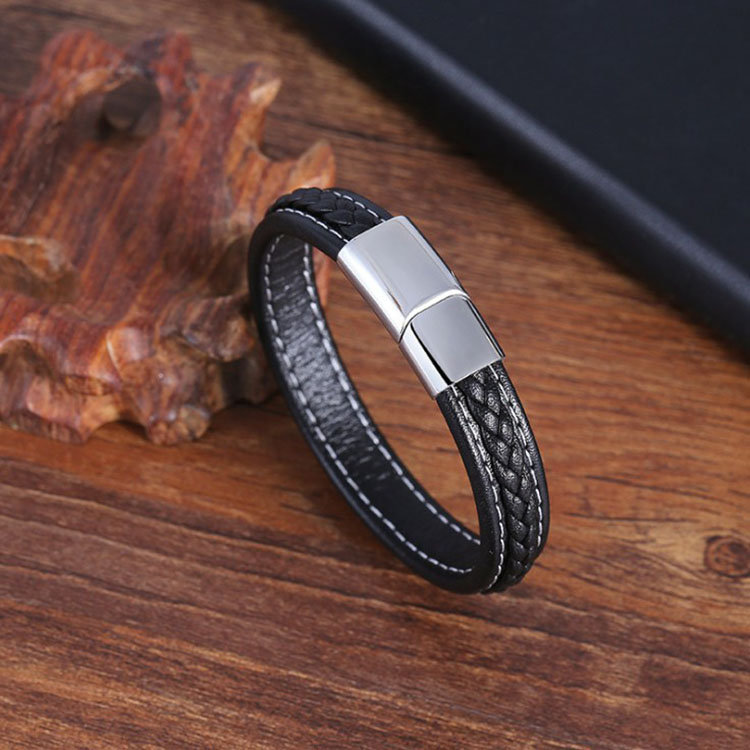 手链女人纯色男士不锈钢手链真皮手链 - buy couple stainless steel