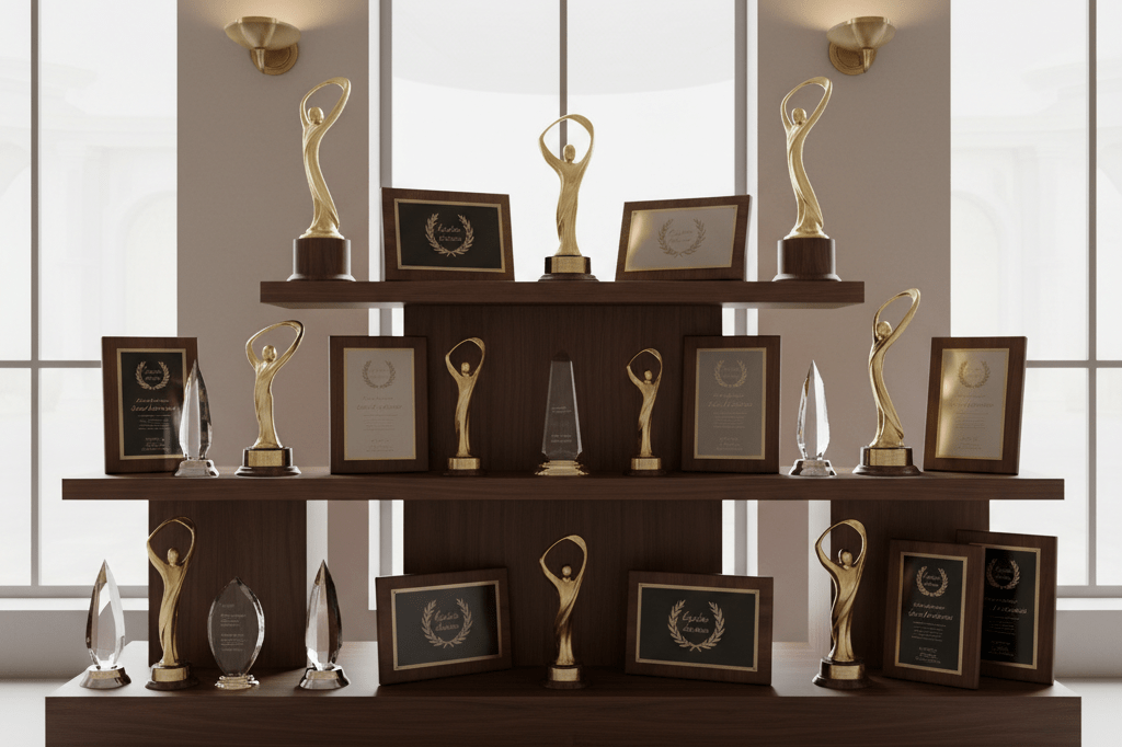Trophies and plaques elegantly arranged on wooden shelves under natural light, representing industry accolades and cultural capital