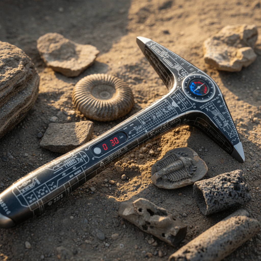 Geological hammer with etched markings on excavation site with fossil fragments.