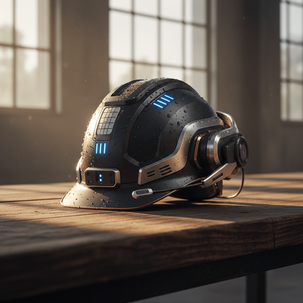 Next-gen smart hard hat with audio on a wooden bench, water droplets.