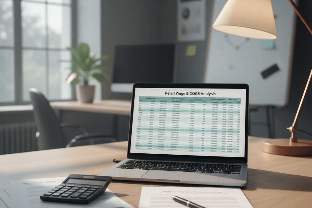Office desk with financial spreadsheets and calculator under natural light symbolizing retail wage strategy