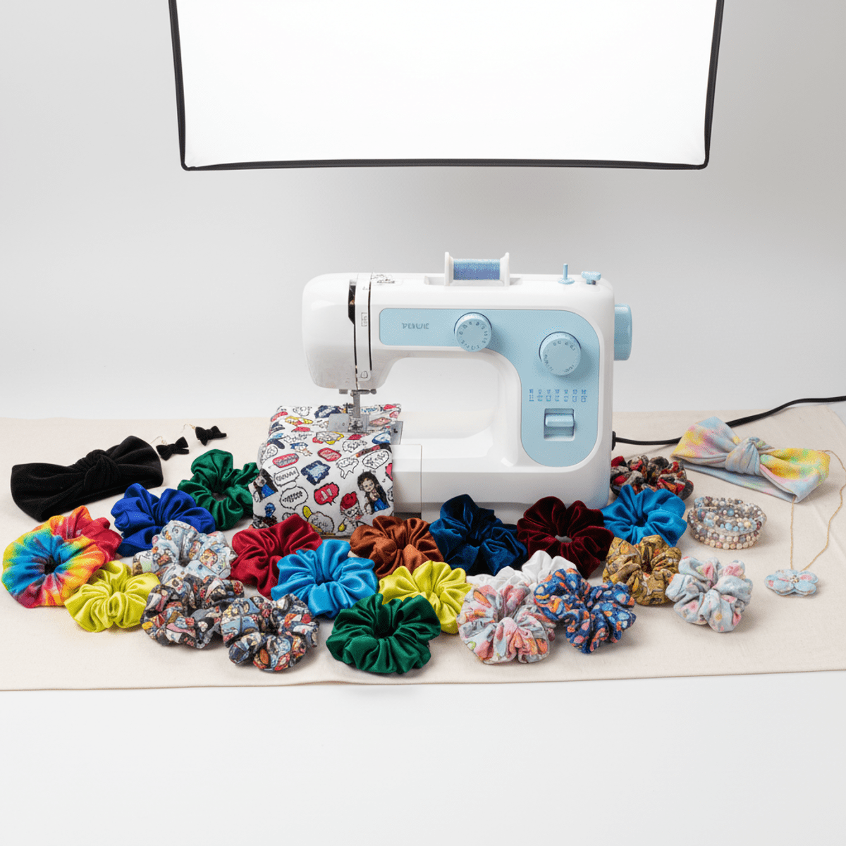 Flat lay of a sewing machine with pop culture scrunchies and accessories.