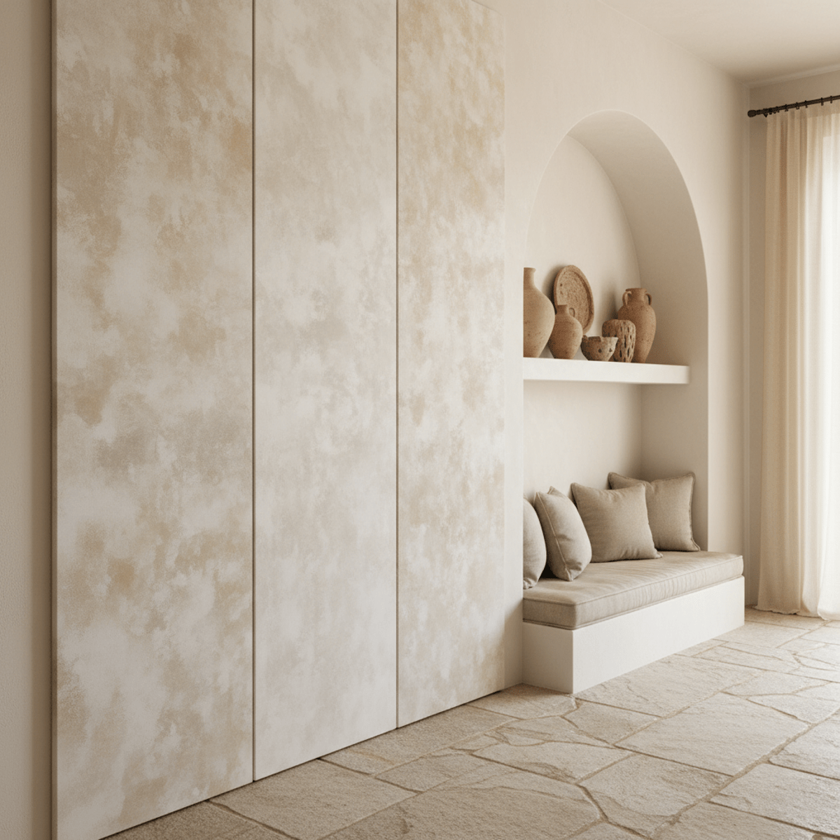 Authentic limewash wall paneling in a Mediterranean living room with arched niches.