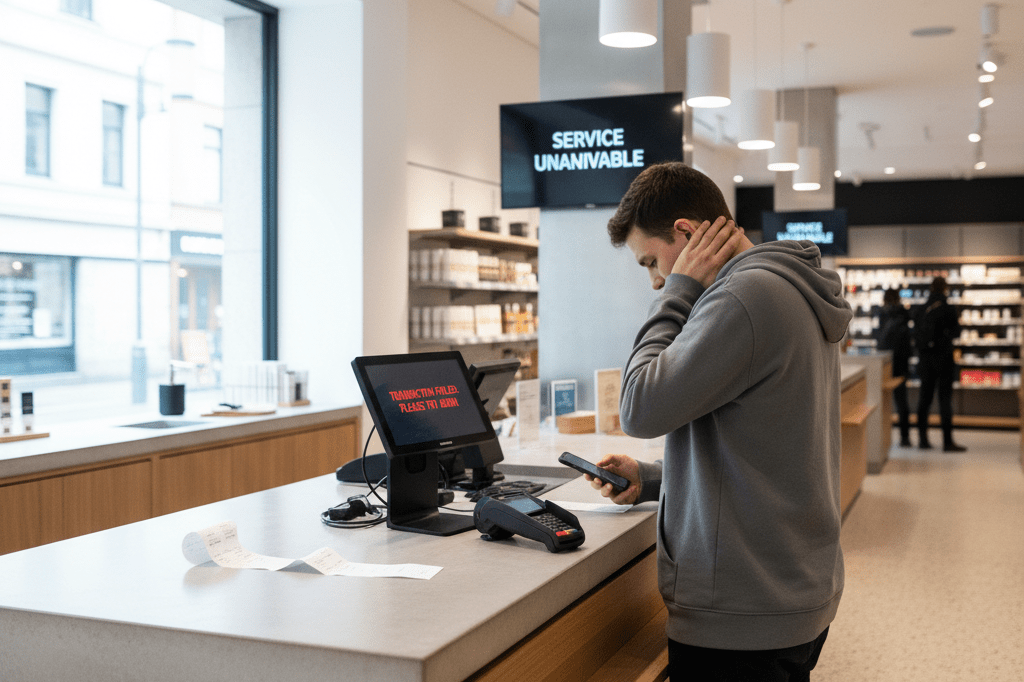 Modern UK retail counter with error message on payment terminal and scattered receipts symbolizing system challenges
