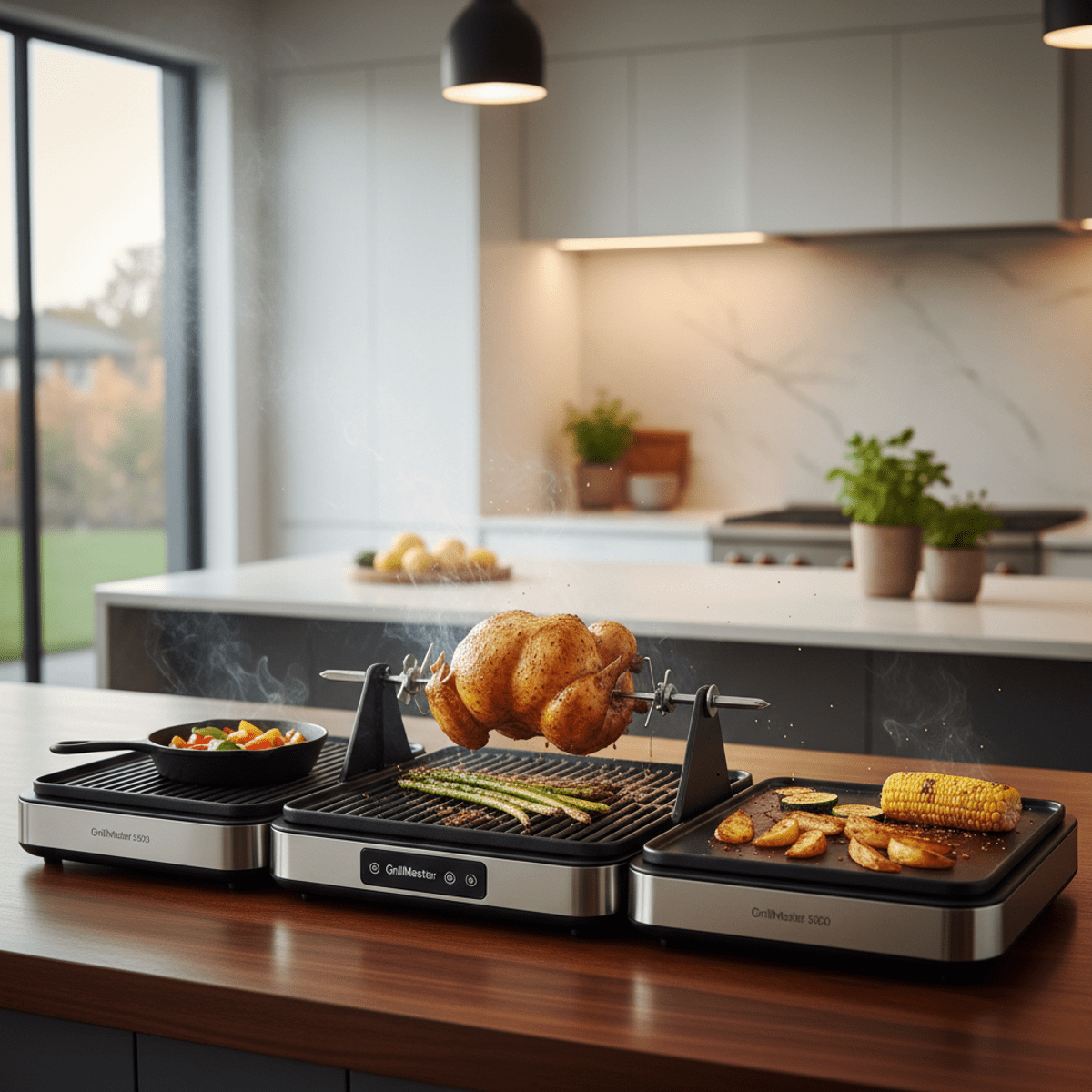 Modular indoor grill cooking delicious food High-end indoor grill with modular attachments cooking chicken and vegetables.