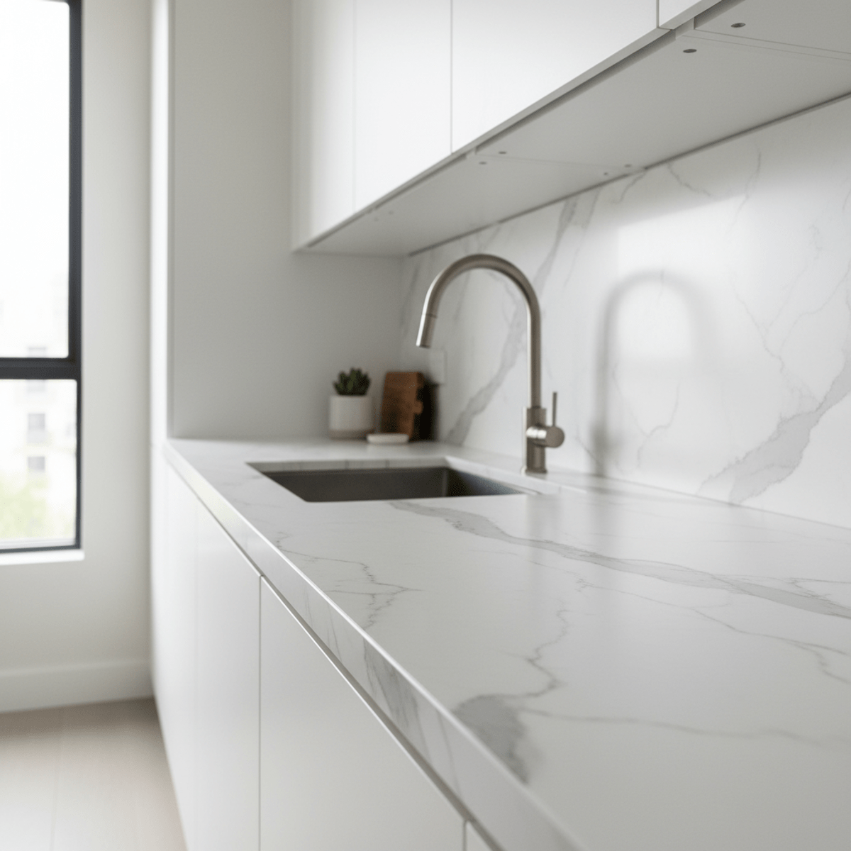 Modern kitchen countertop resurfaced with realistic white marble vinyl film.