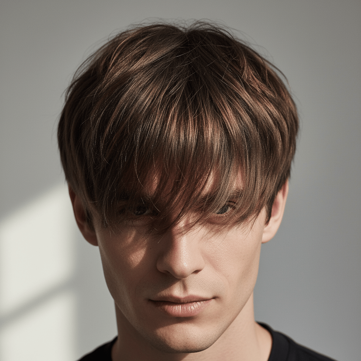 Modern men's choppy fringe hairstyle for 2026 Modern men's hairstyle with choppy fringe and tousled, irregular lengths.