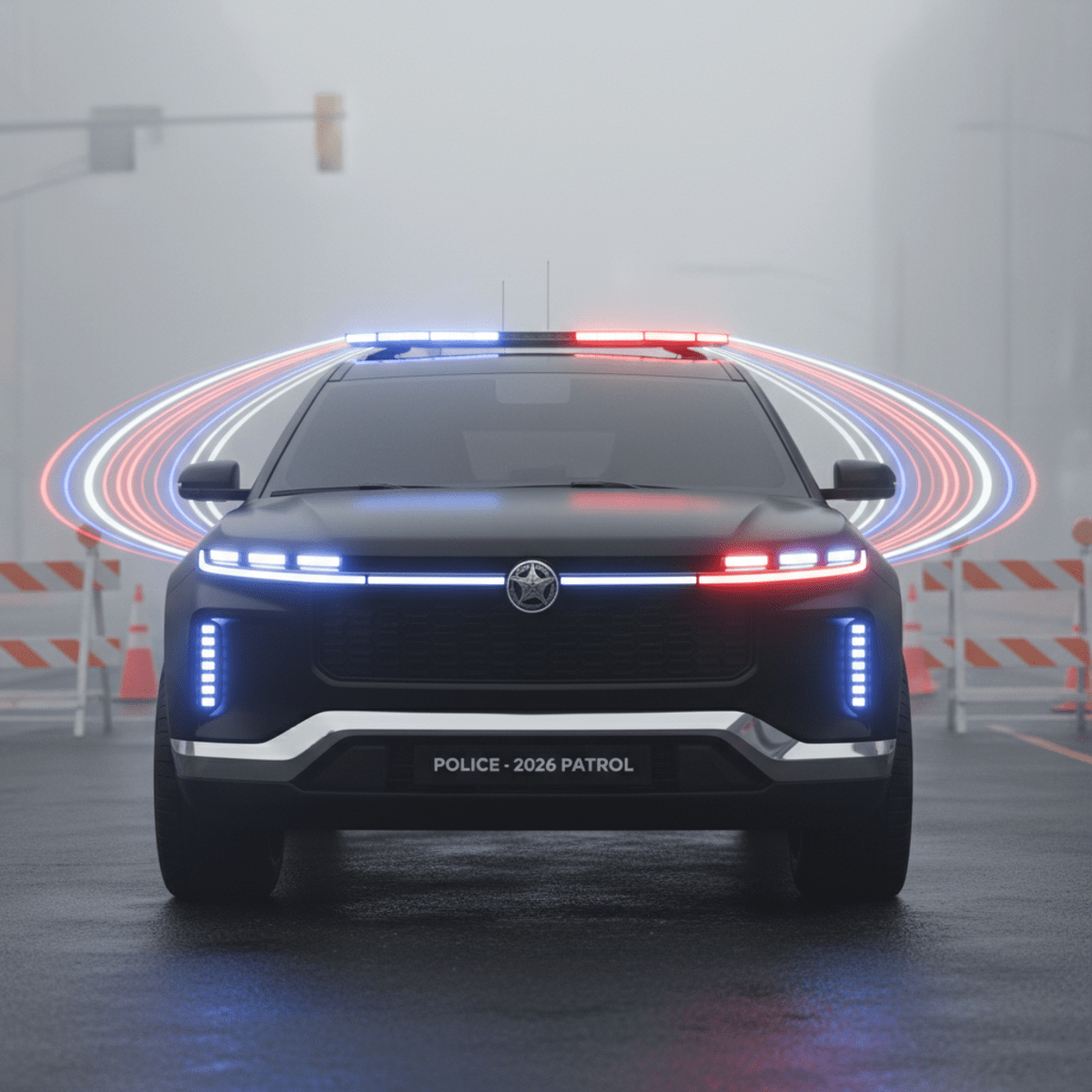 Advanced police SUV with flashing lights at a foggy urban incident scene.