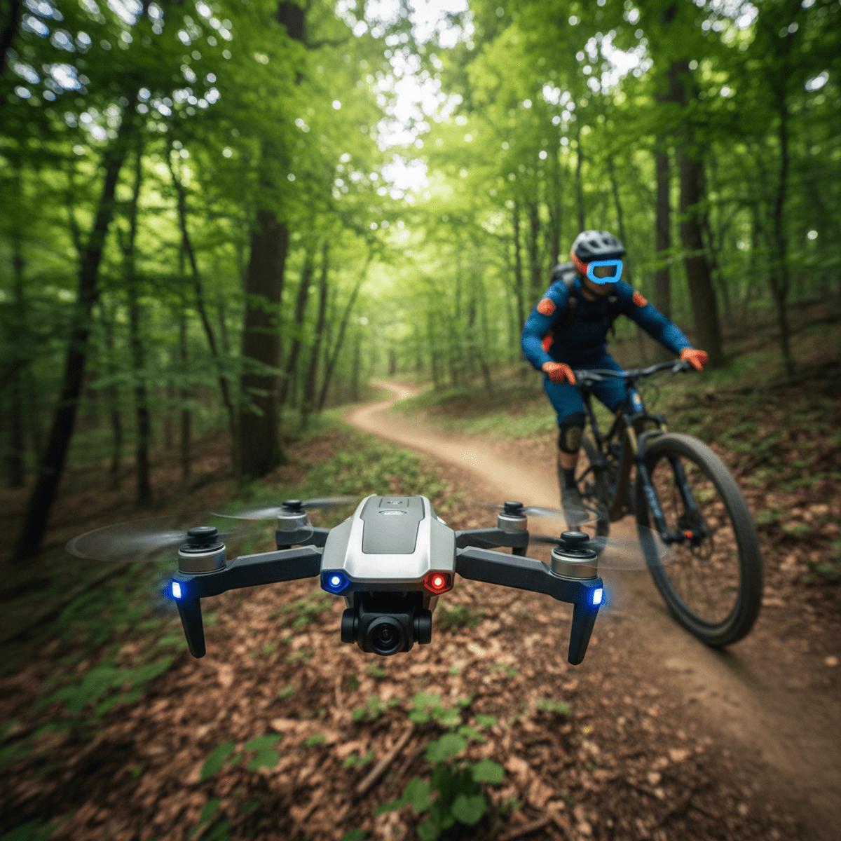 Mini drone tracks mountain biker on a dense forest trail, wide-angle cinematic shot.