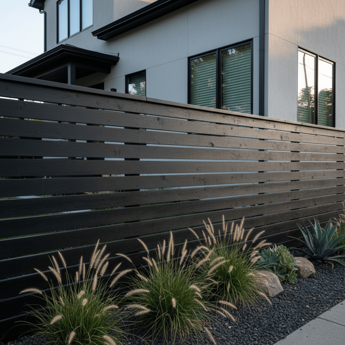Contemporary narrow lot with inexpensive cedar slat fence, matte black finish, creating illusion of width.