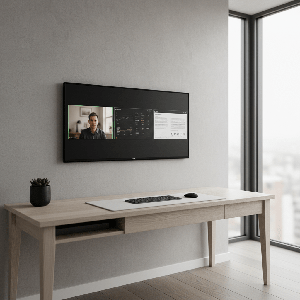 Sleek modern minimalist home office with a large TV displaying data and video calls.