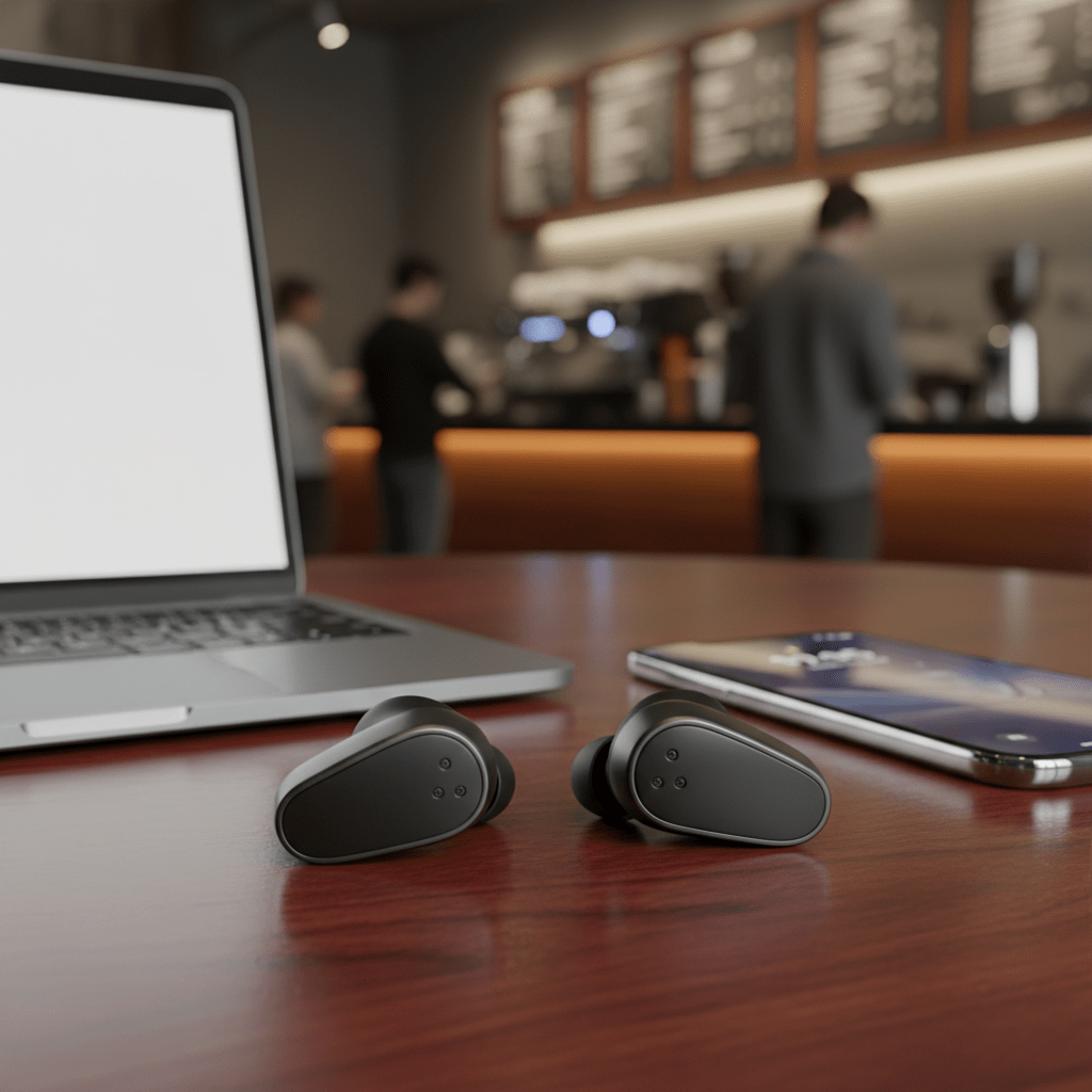Sleek, matte black noise-cancelling earbuds rest on a dark wooden desk.