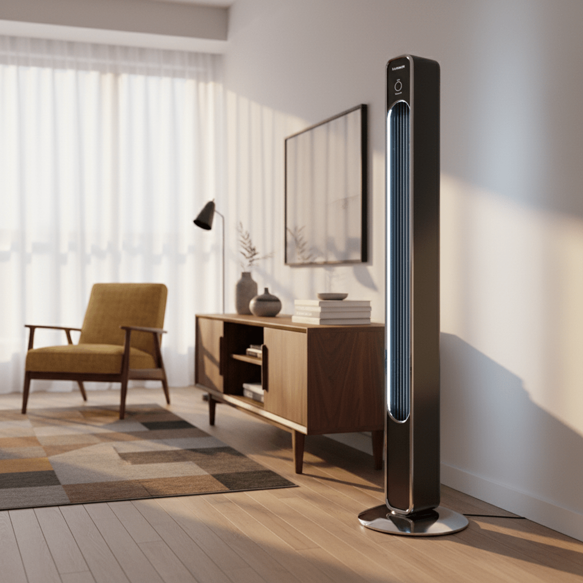 Sleek modern standup fan with adjustable LEDs in a stylish urban apartment corner.