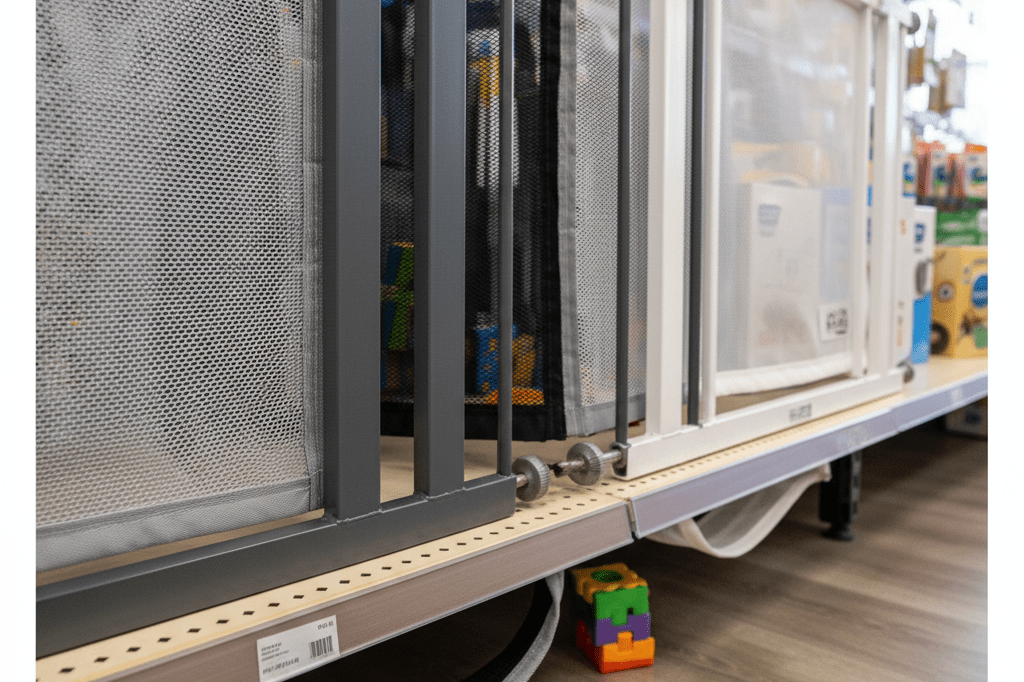 Detailed view of a faulty childproofing gate with wide gaps, lit by ambient store lighting, emphasizing safety compliance failure