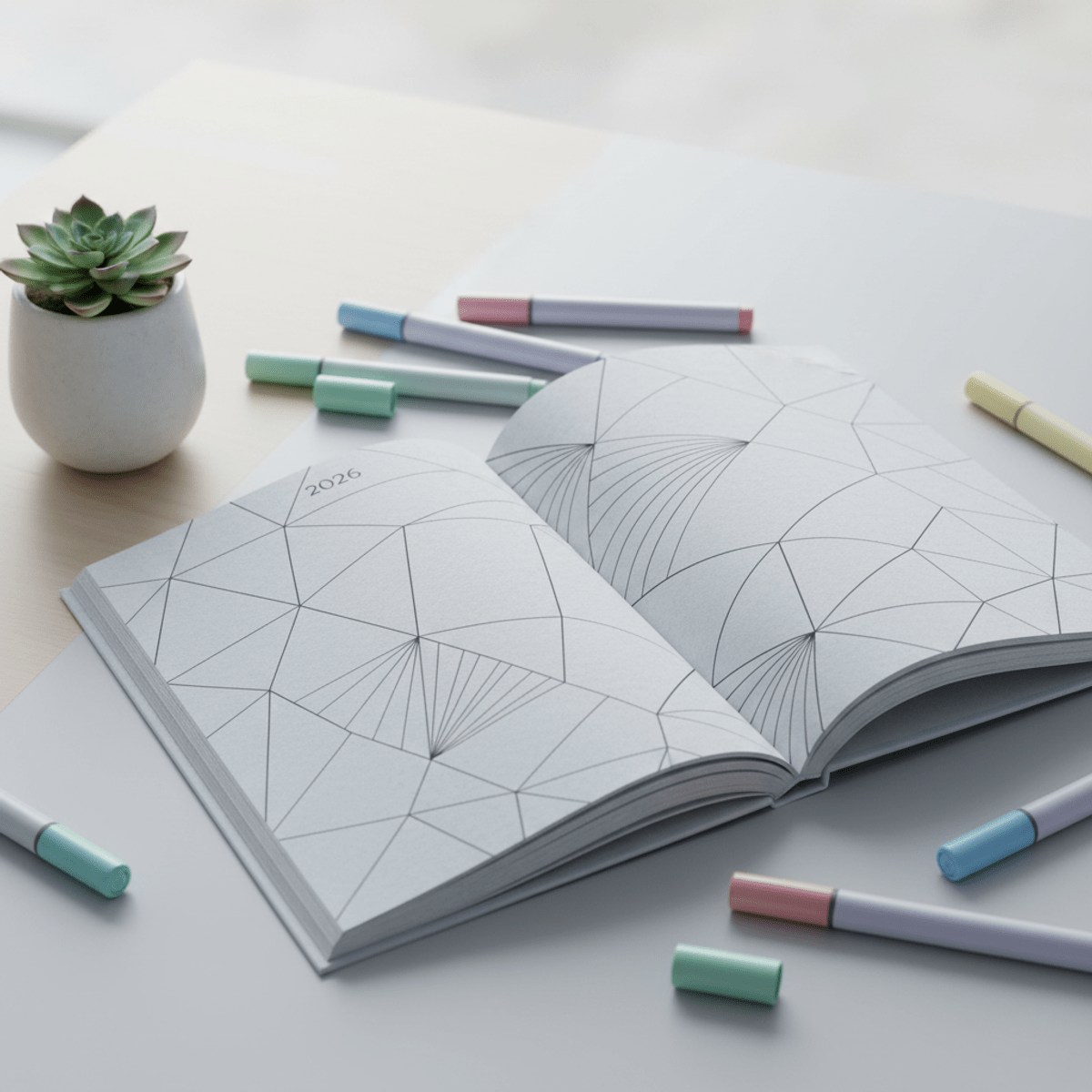 Minimalist desk with abstract geometric coloring book and pastel markers.