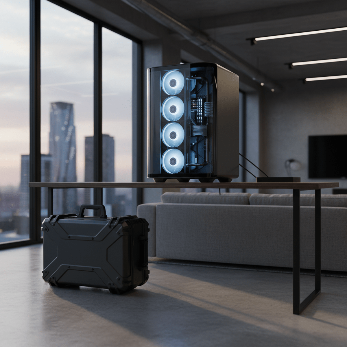 Matte black aluminum gaming desktop with tempered glass and vertical fans.