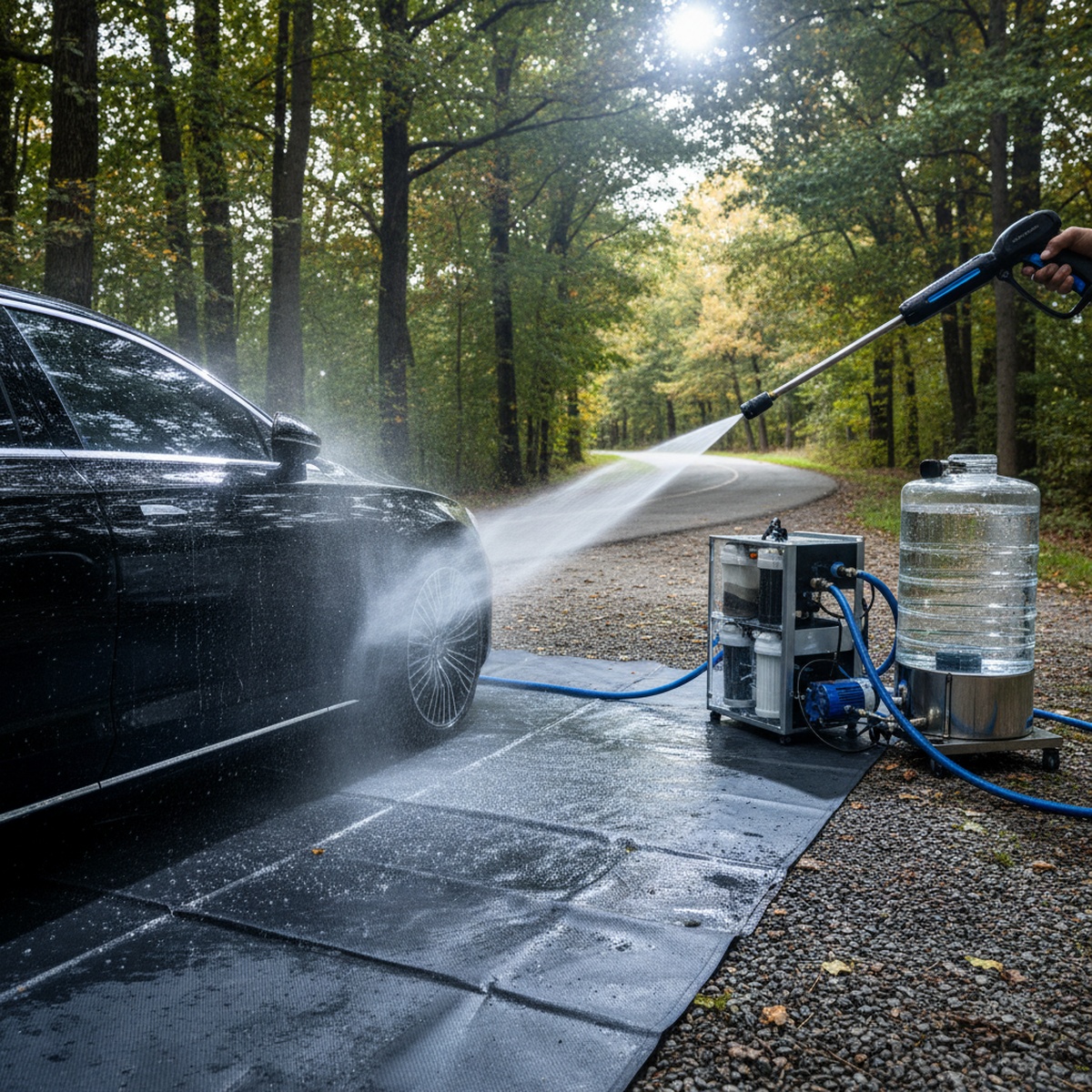 Sleek eco-friendly car wash setup with containment mat and filtration unit.