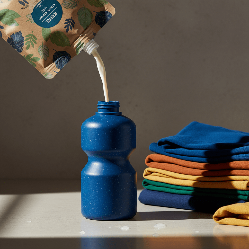 Bleach poured from refill pouch into recycled plastic dispenser.