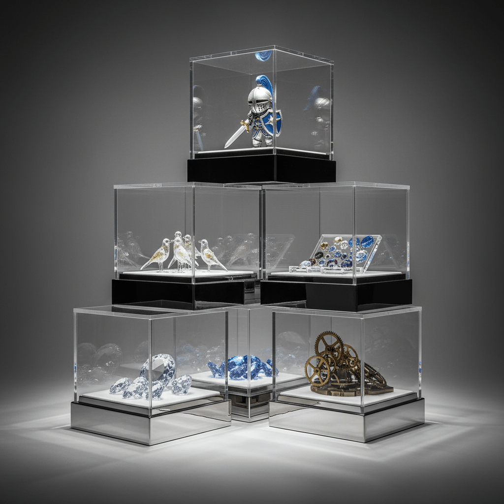 Crystal-clear acrylic storage boxes showcasing collectible figurines and craft items.