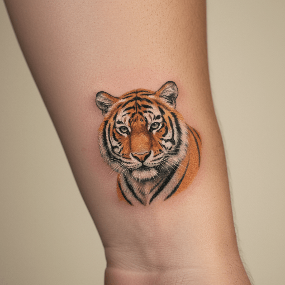 Intricate miniature tiger tattoo detail on inner wrist Close-up of a hyper-realistic miniature tiger tattoo on a man's inner wrist.