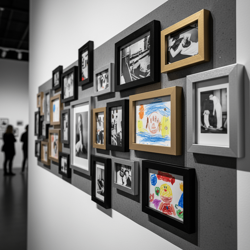 Modern gallery art display with magnetic frames. Contemporary gallery with magnetic frames displaying art and children's drawings.