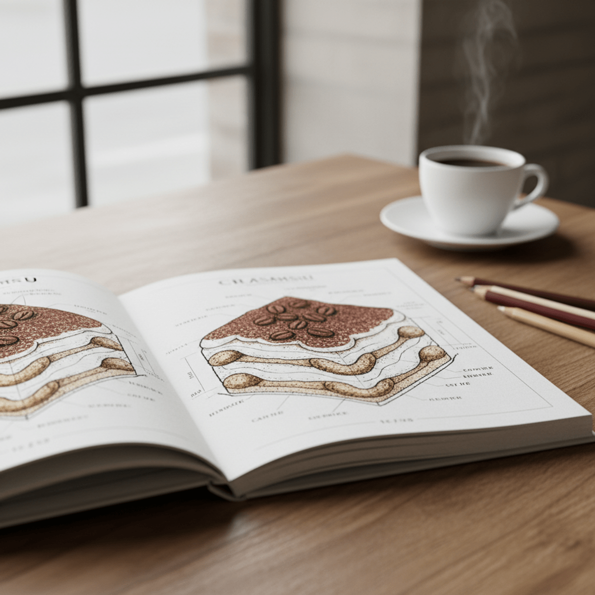 Miniature coloring book on cafe table, detailing tiramisu layers and coffee beans.