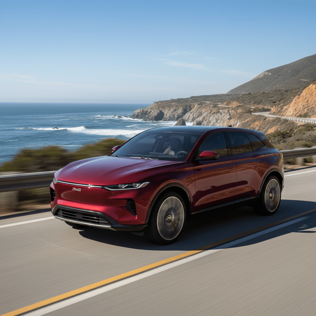 Sleek midsize SUV with elongated hood navigates winding coastal roads, shimmering in red.