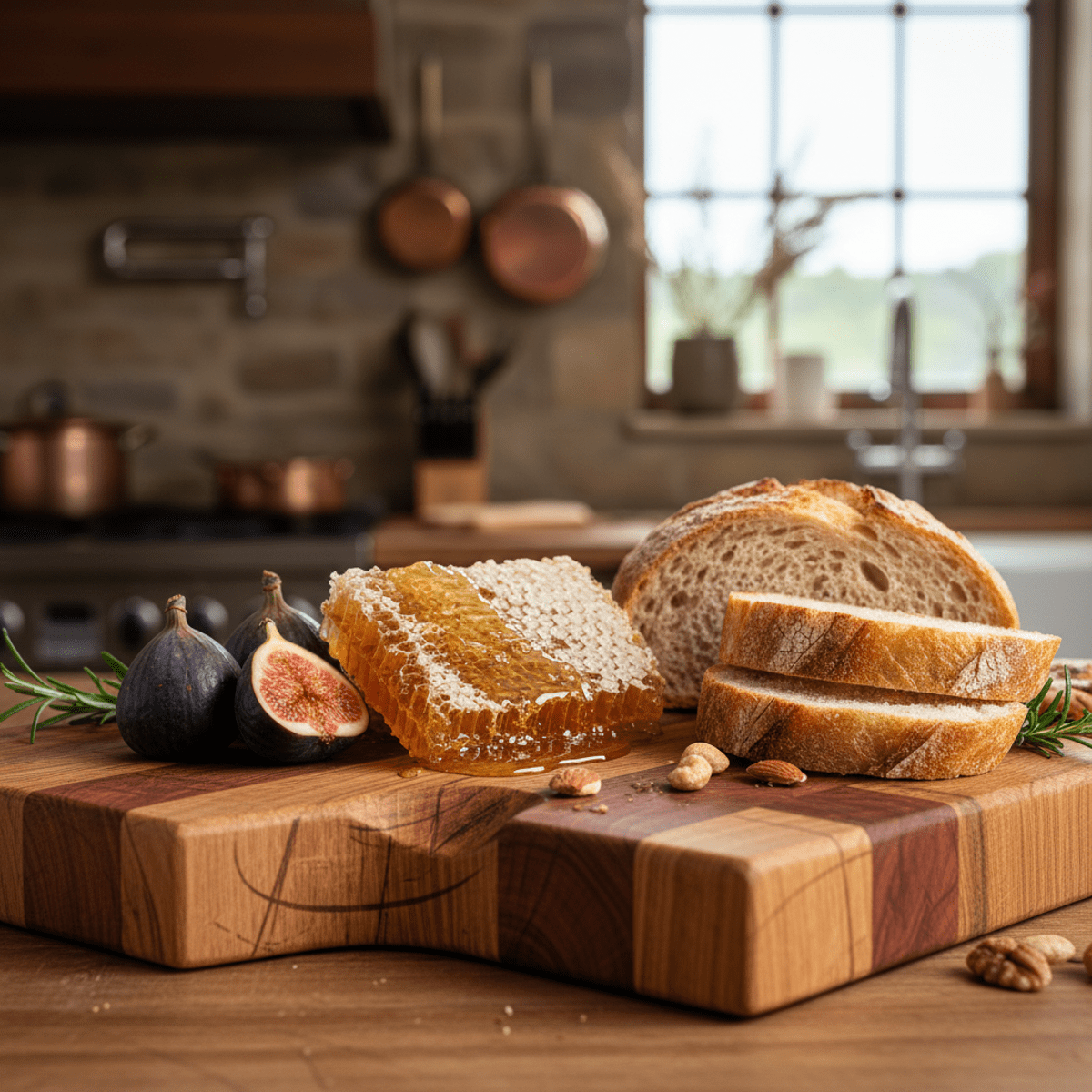Handcrafted charcuterie board of oak and cherry, polished smooth with satin finish.