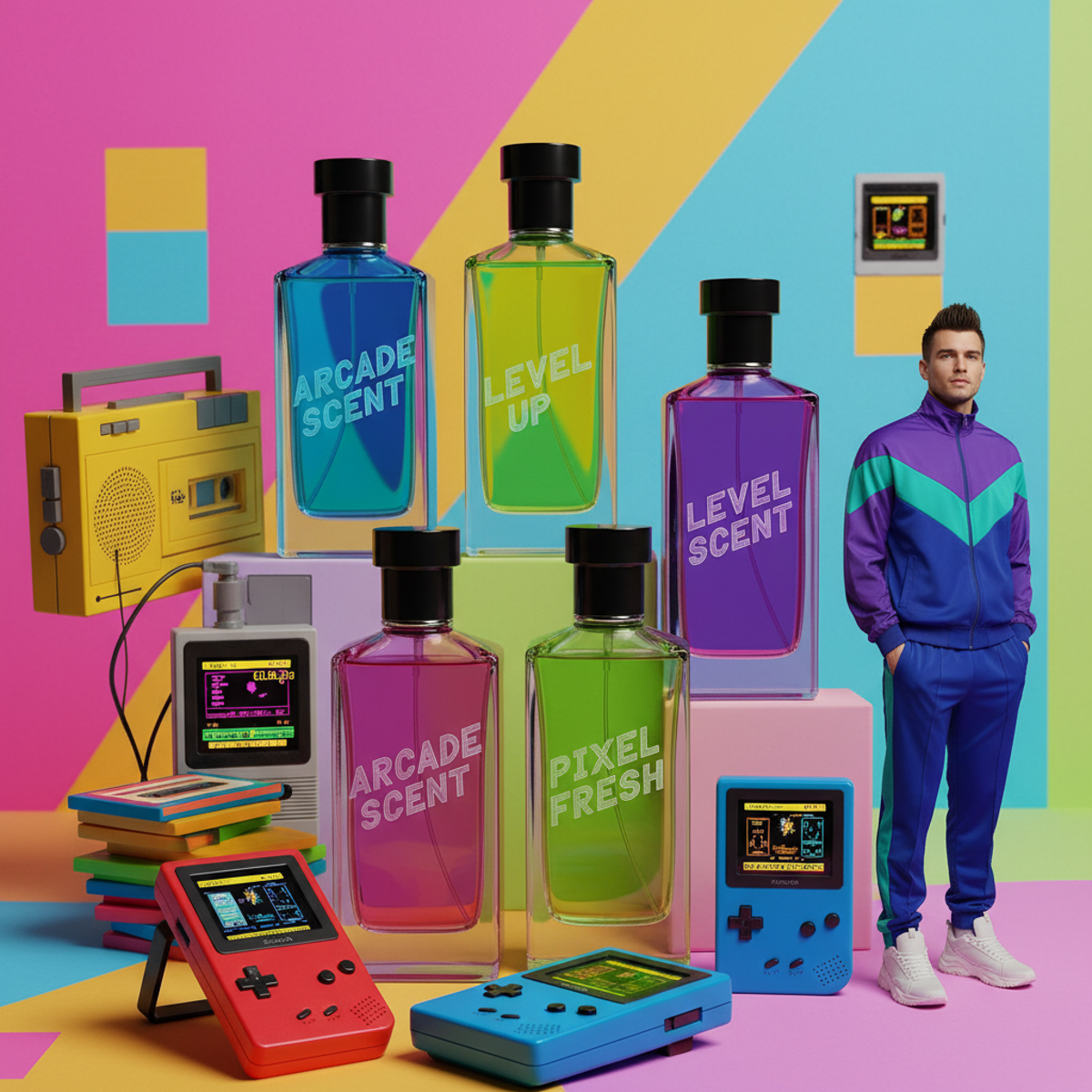 Bright translucent glass cologne bottles with bold typography on a retro color-blocked background.