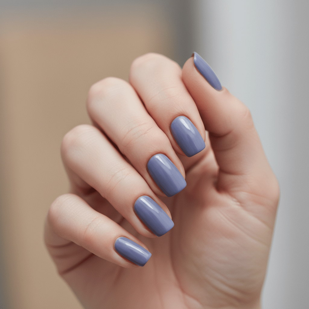 Close-up of elegant nails painted dusty blue-purple with a crème finish.