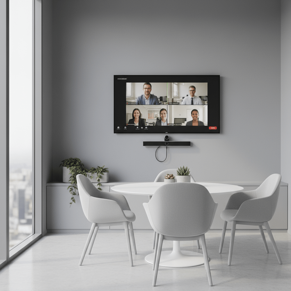 Sleek modern huddle room with 4K TV for crystal-clear video conferencing.