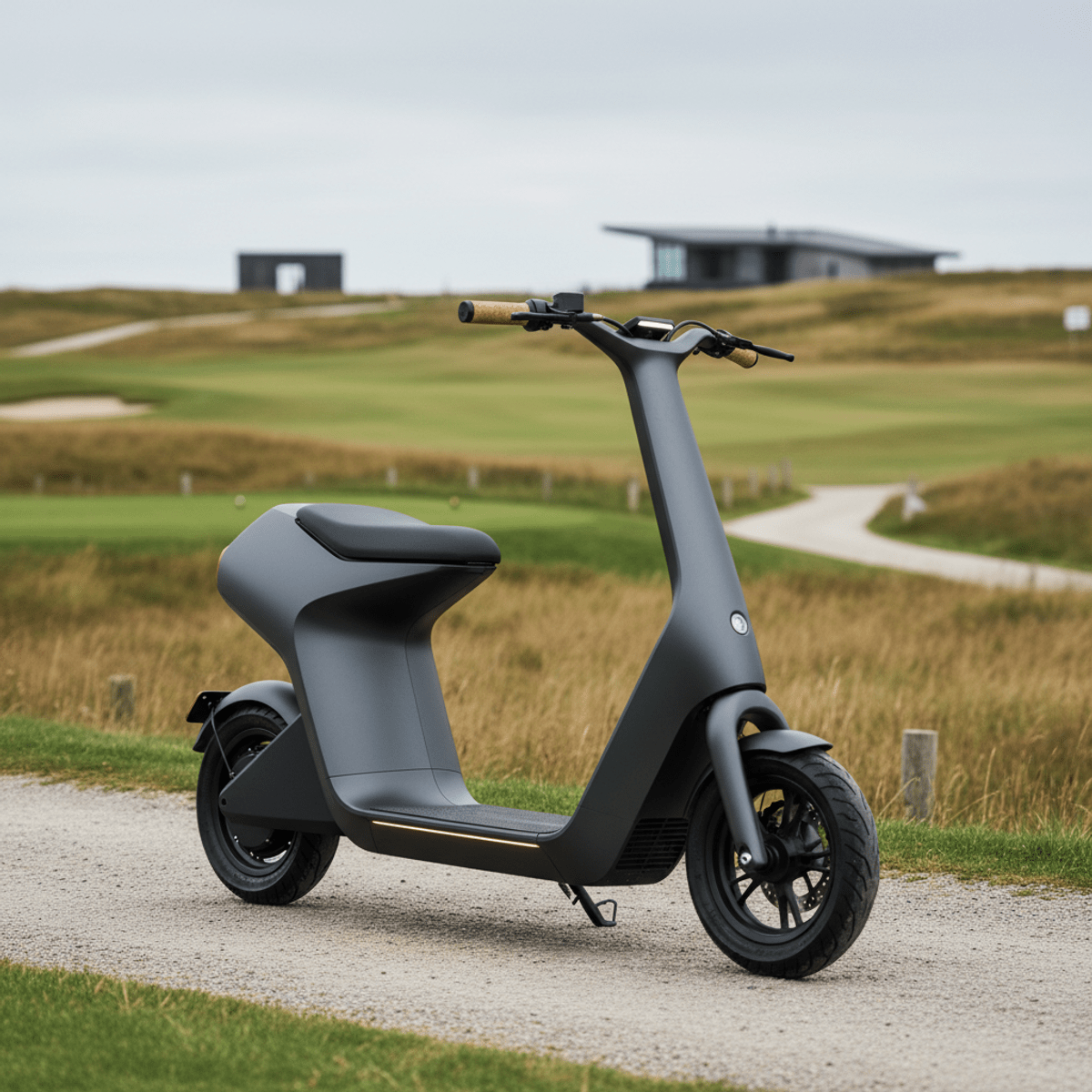 Sleek electric golf scooter with seamless aluminum frame and matte charcoal finish.