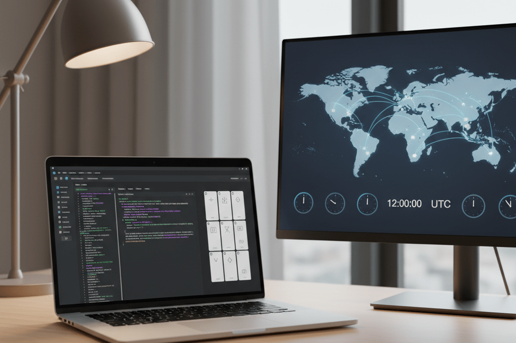 Clutter-free desk with laptops showing game code and world map highlighting global launch timing