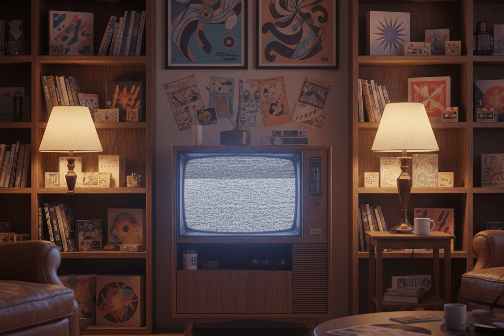 Warmly lit living room showcasing nostalgic entertainment collectibles under natural ambient lighting