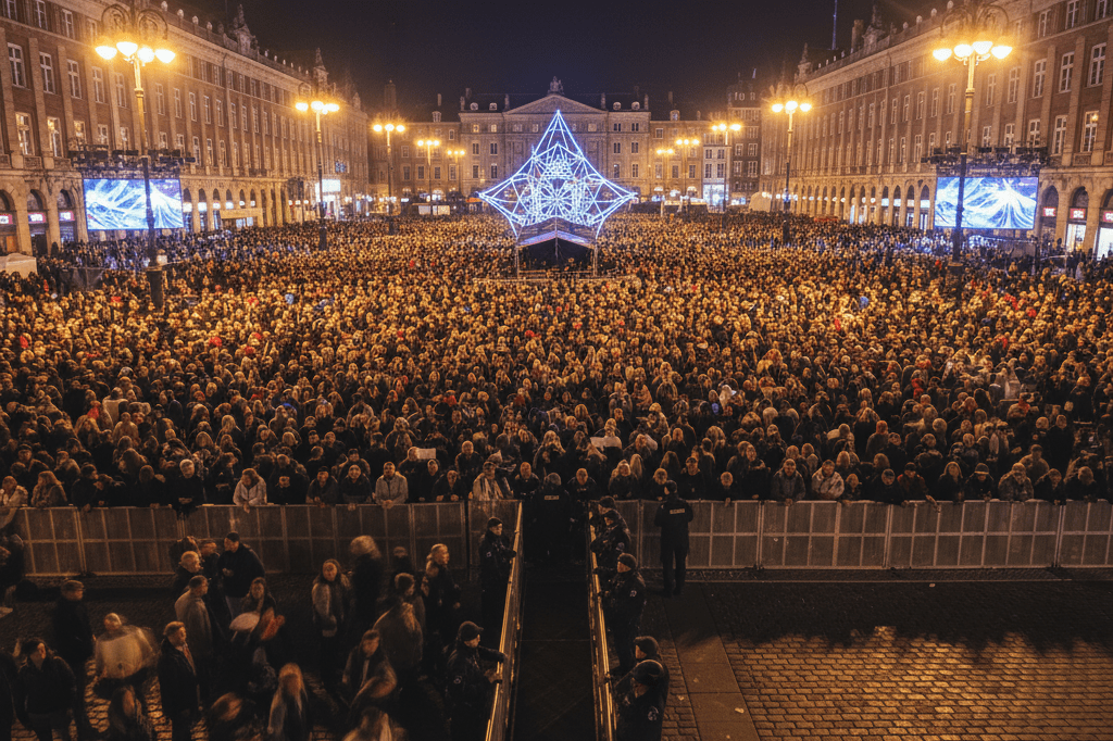 Wide-angle view of an urban concert venue with crowd control systems and glowing ambient lighting