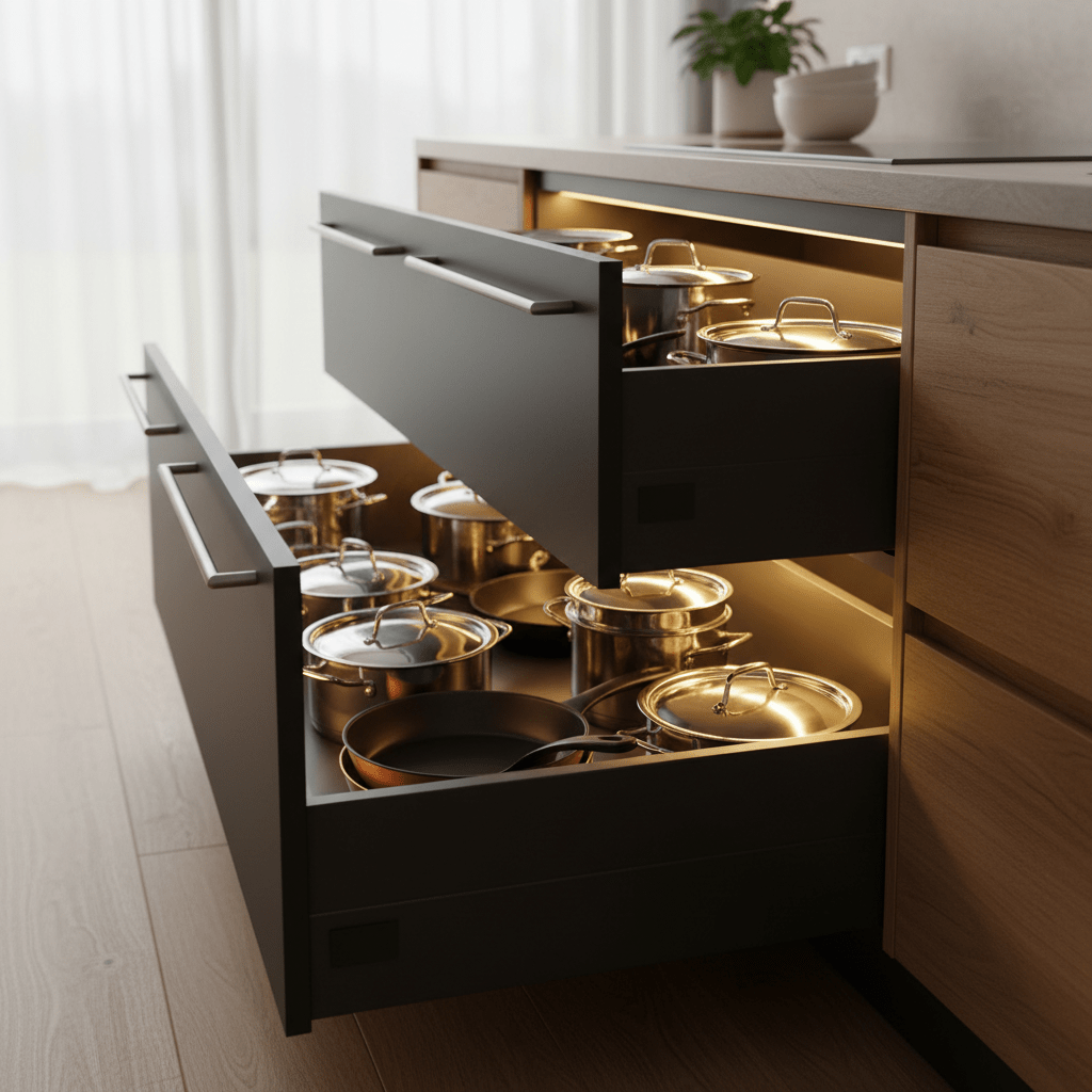 Opened kitchen drawers with matte fronts, deep pan storage, and warm LED lighting.