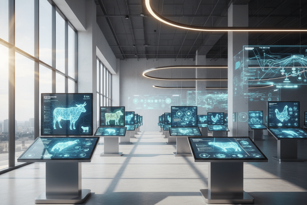 Wide shot of smart vendor displays with touchscreens and AR panels in a naturally lit exhibition hall