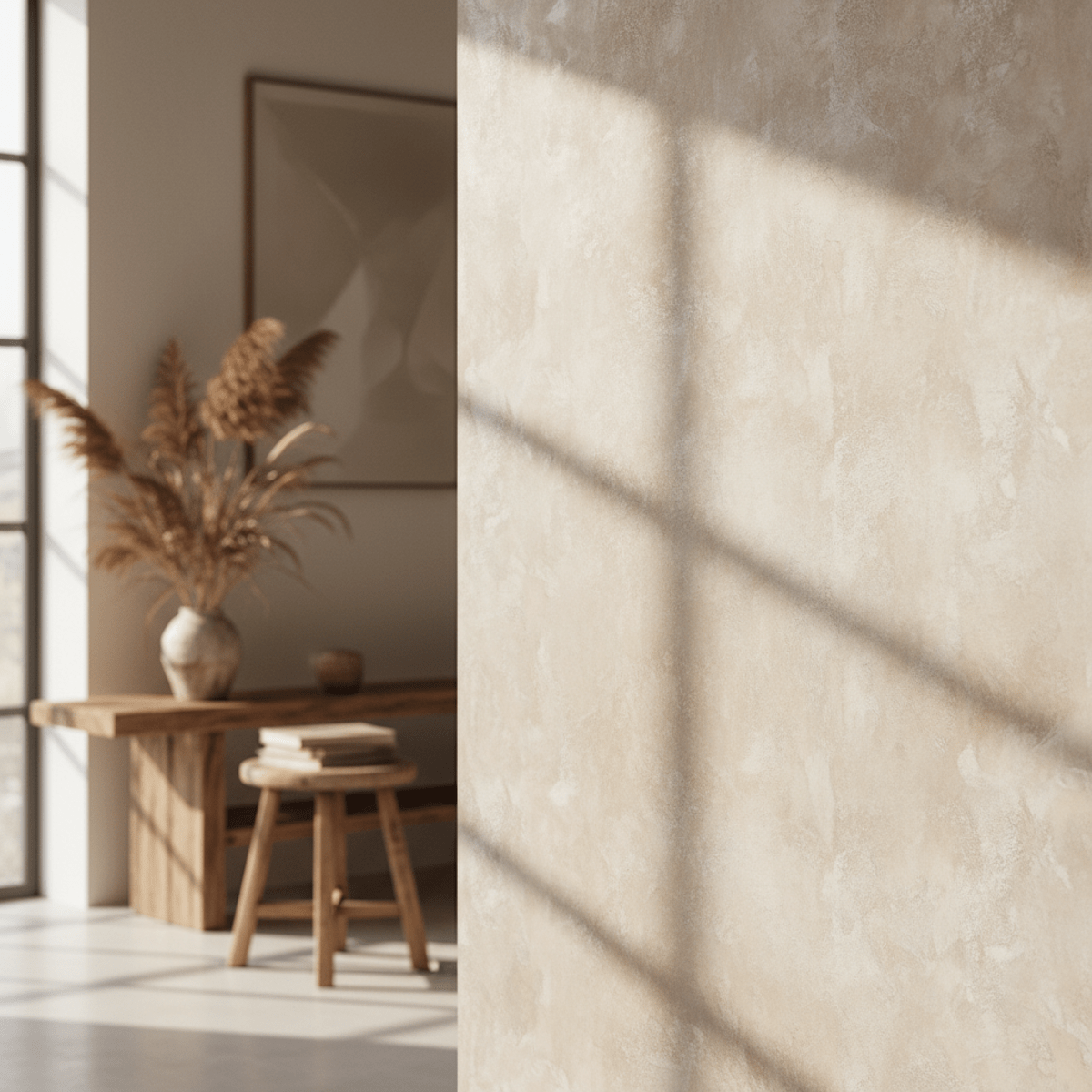 Close-up of limewash wall paneling with organic depth and matte surface.