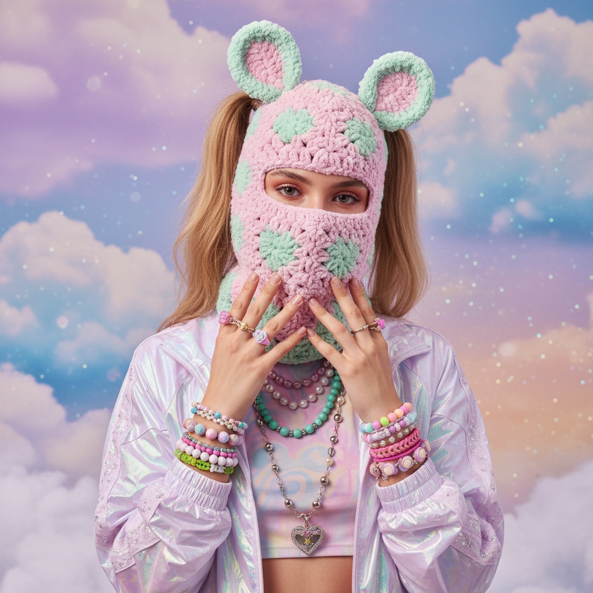 Whimsical pastel crochet mask with heart patterns and fluffy ears, Y2K style.