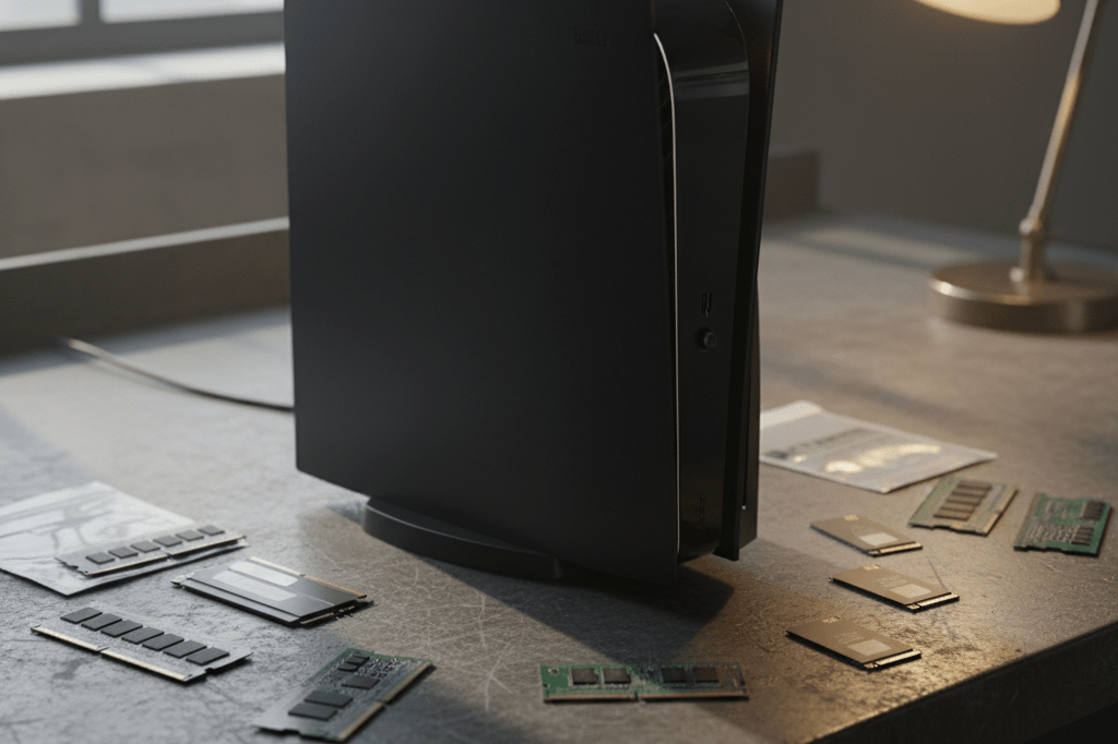 Gaming hardware components highlighting supply chain challenges Close-up of unbranded gaming console with memory and storage chips on a workbench under natural light