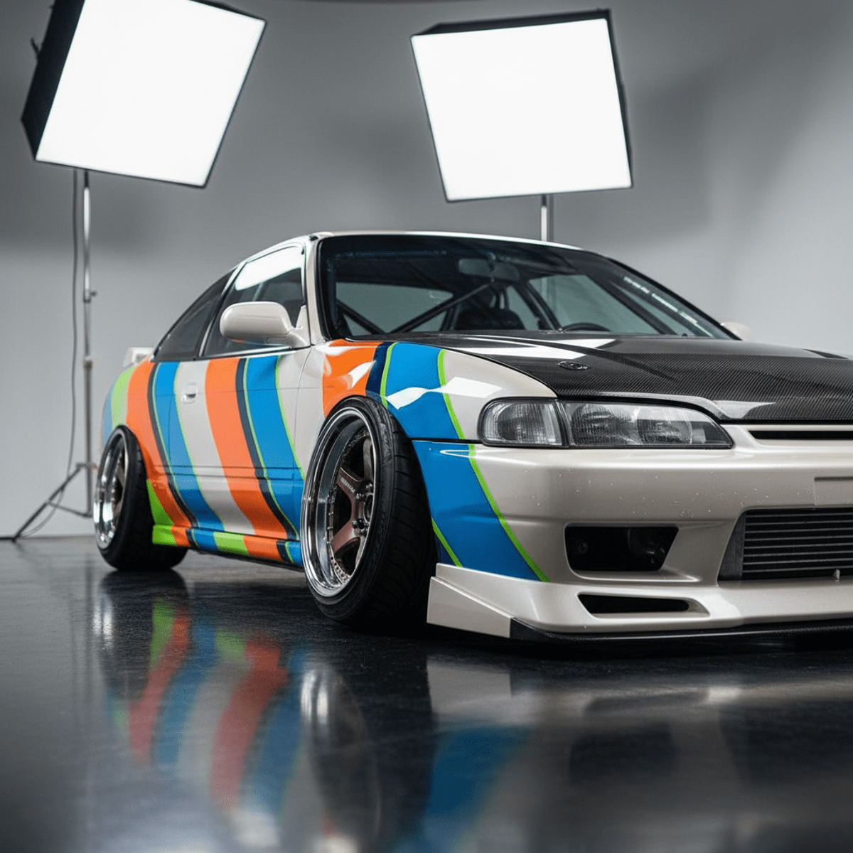 Low-angle close-up of a 90s car with custom modifications and racing wheels.