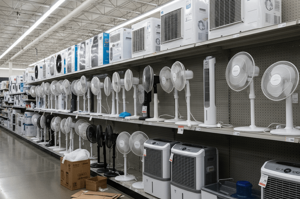 Retail shelves stocked with cooling products amid unexpected heat wave demand Wide shot of portable air conditioners and fans on retail shelves under natural indoor lighting, showing partial depletion due to early season climate-driven spikes.