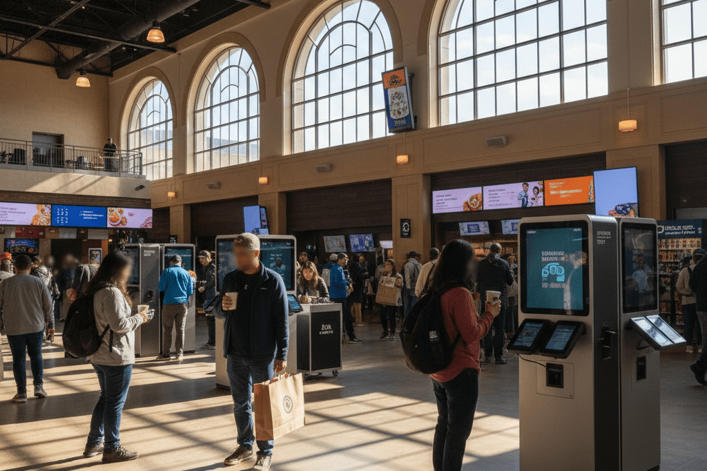 Wide-angle view of a vibrant arena concourse featuring tech-driven merchandise interactions under natural and ambient lighting.