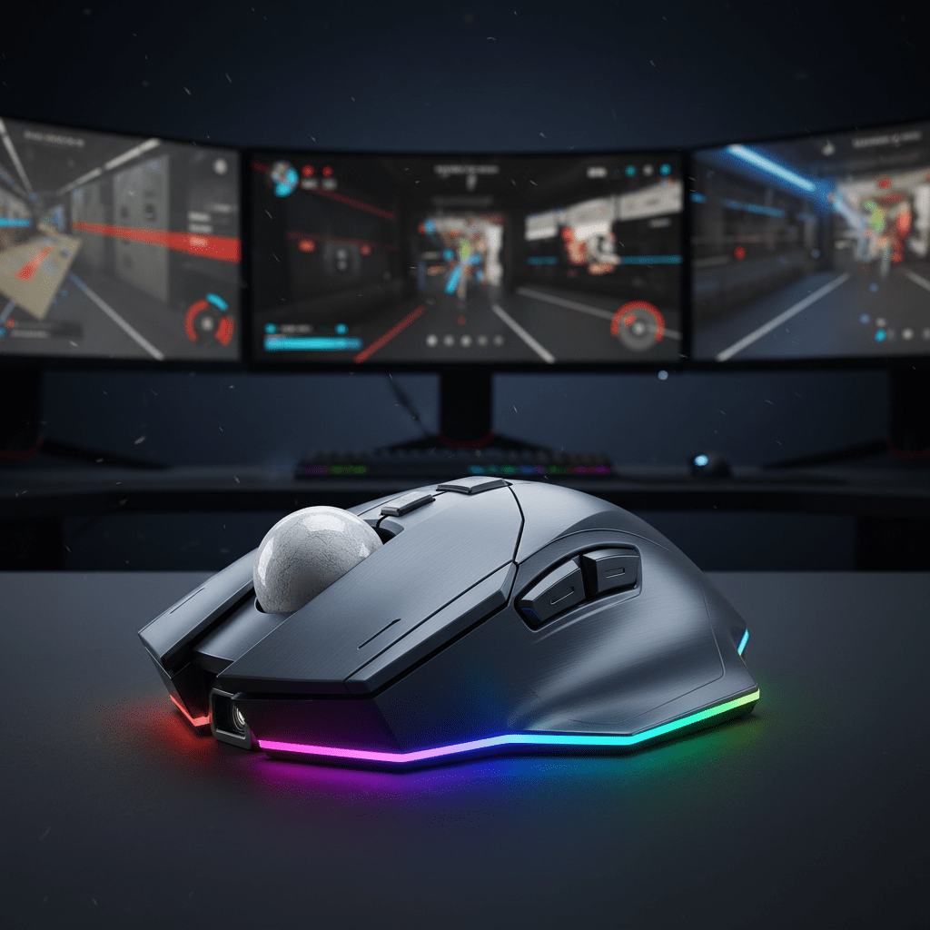 Premium anodized aluminum trackball mouse with RGB lighting on a gaming desk.