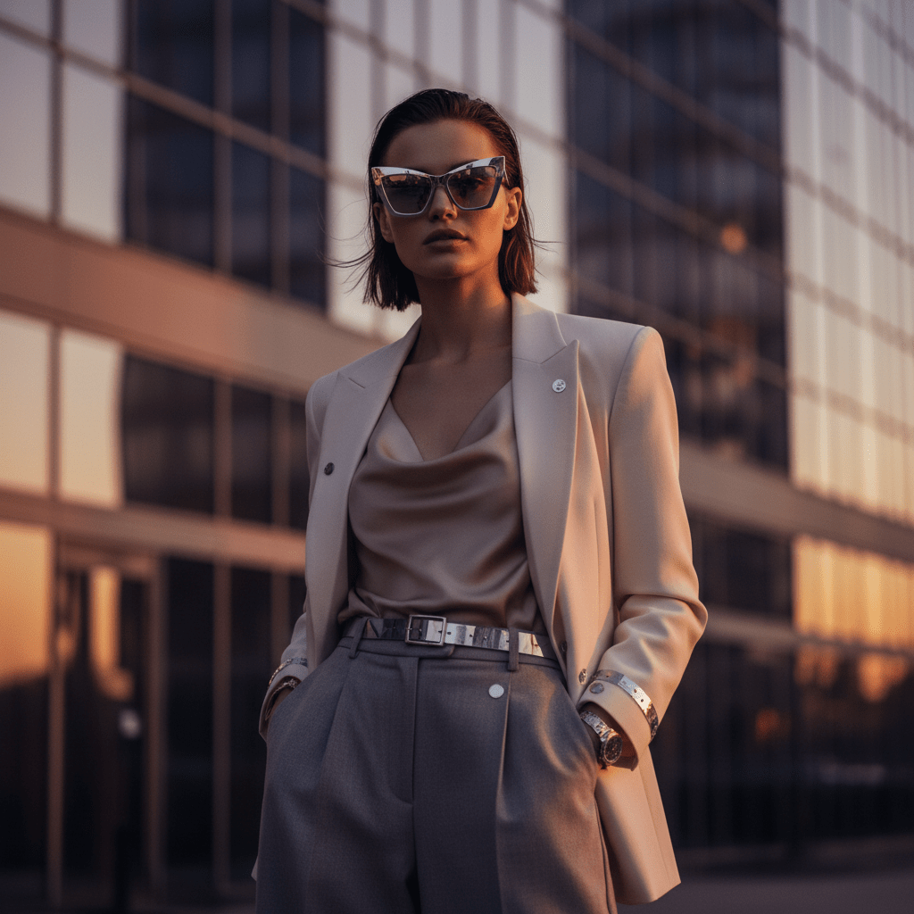 Person in trendy cat-eye glasses with metal frames at urban sunset.