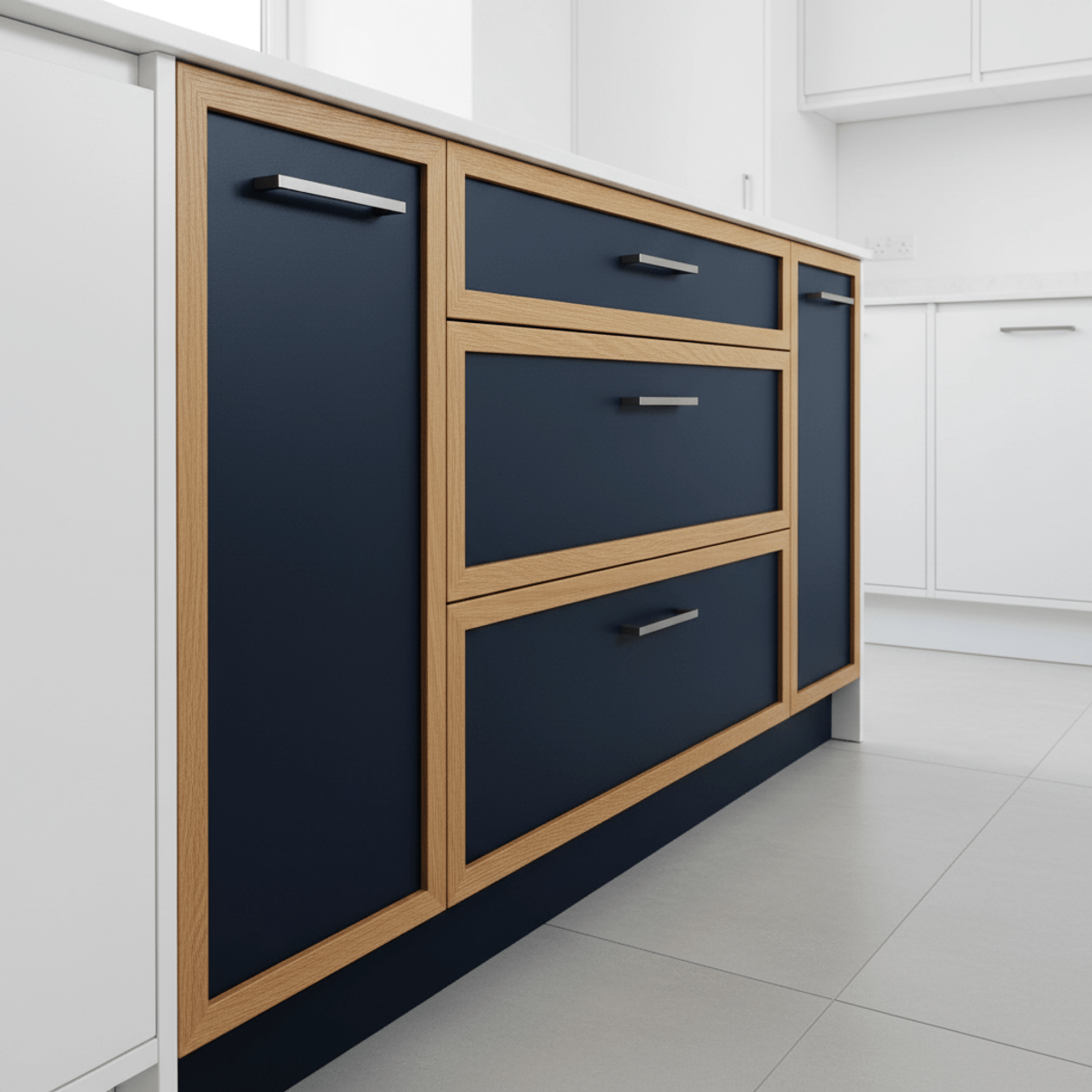Modern kitchen island with two-tone oak and navy drawers and brushed steel handles.