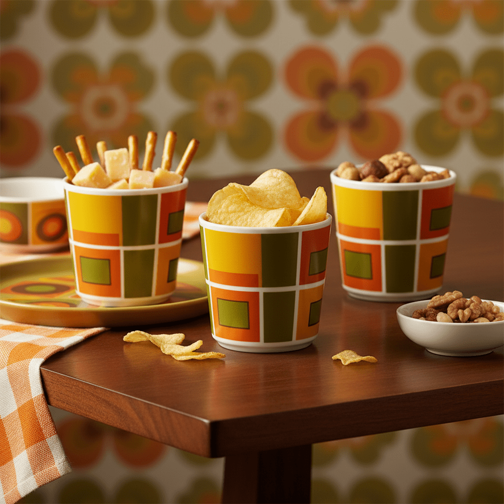 Retro geometric snack cups in mustard, avocado, and burnt orange on a wooden table.